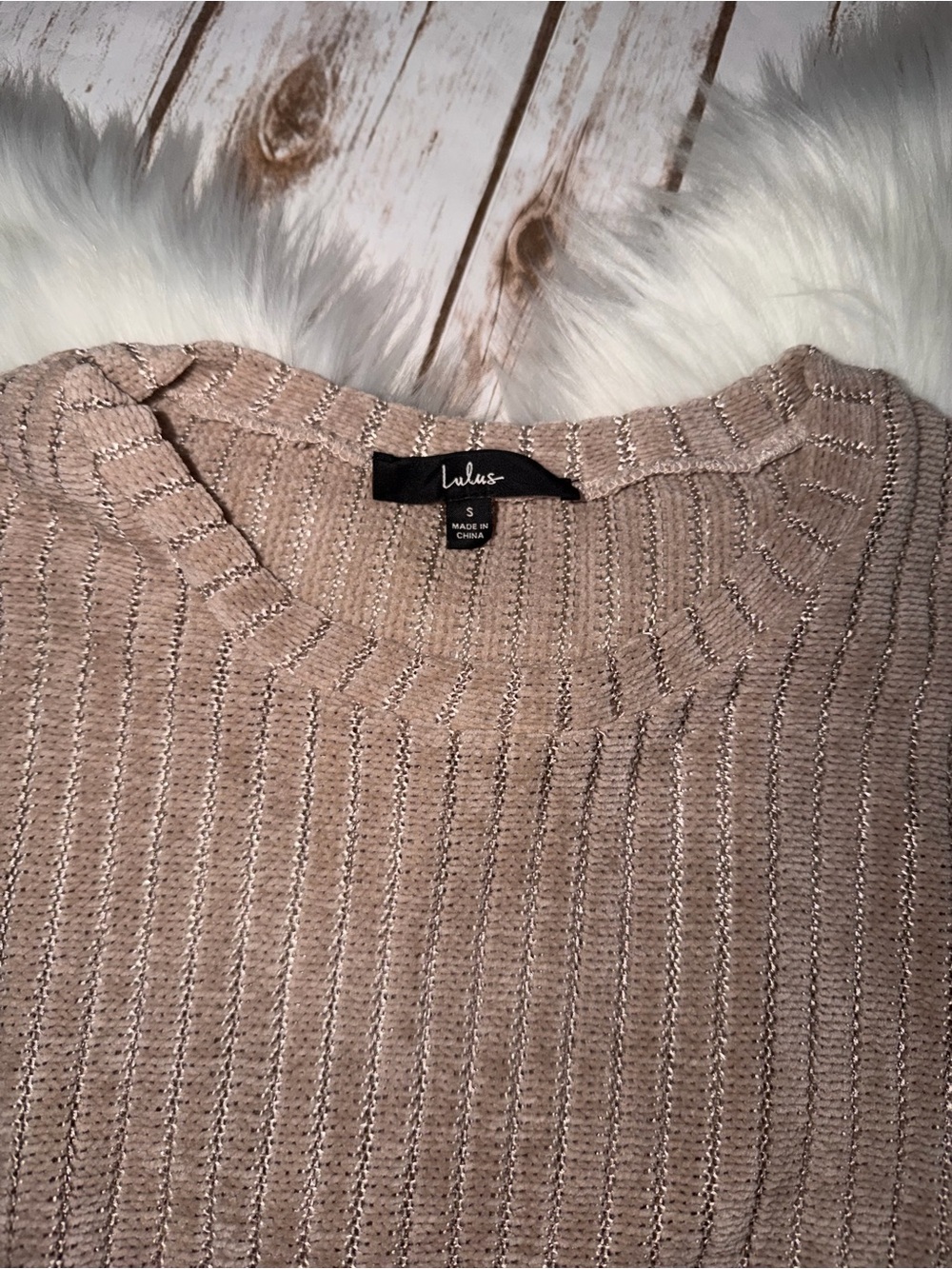 Lulus Weekend Ready Taupe Chenille Striped Sweater Top Beige NWT Size Small - Picture 3 of 4